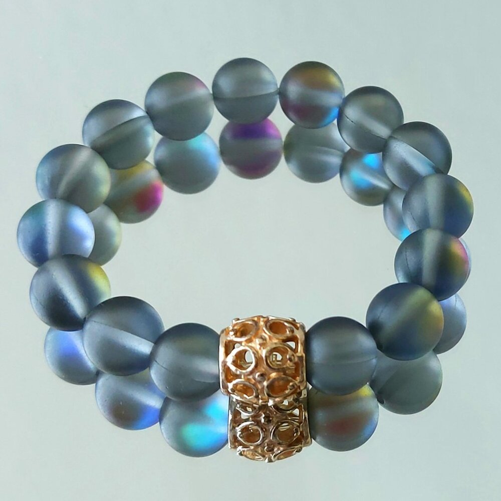 Black Synthetic Moonstone Glass Beaded Stretch Bracelet 10mm